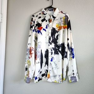 Zeroyaa White and Colorful Paint Pattern Button Up. NWOT.
